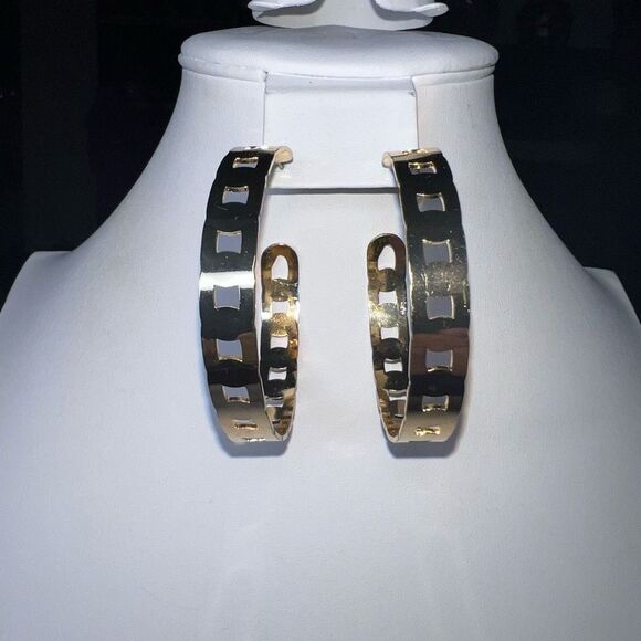No Brand Jewelry - Gold Tone Large “Filmstrip” Cut Hoop Earrings
